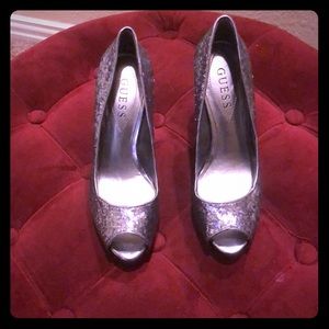 Guess silver glitter heels.
